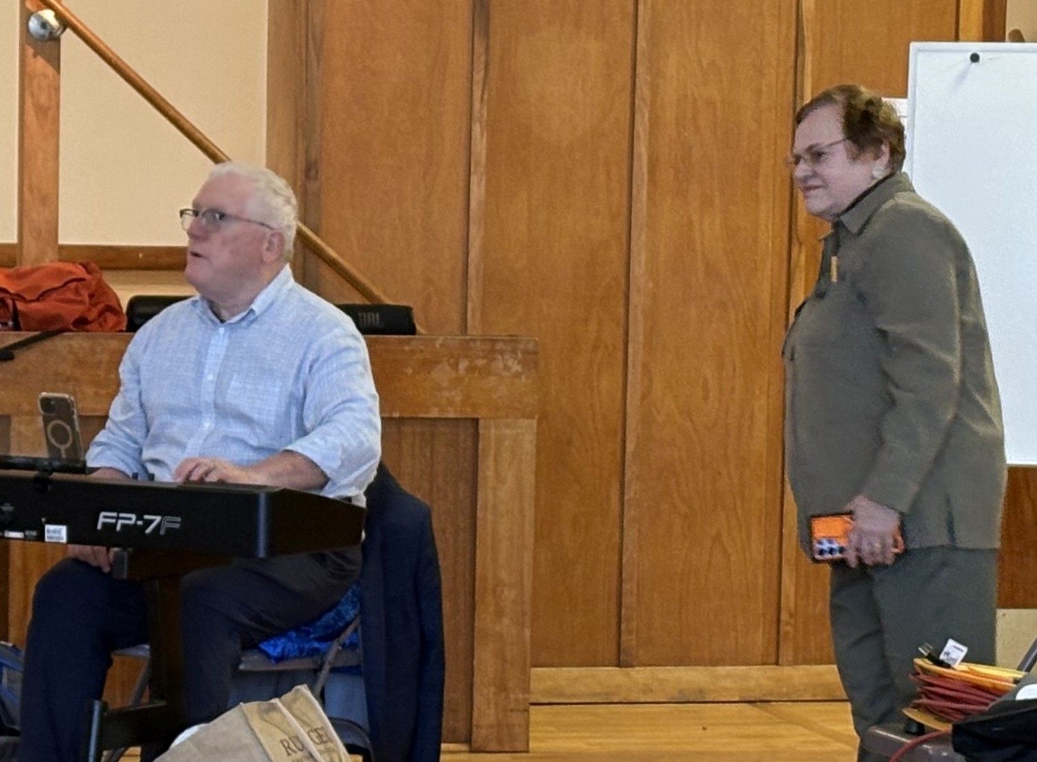 Presenter William Bauer (left) with Marina Alexander, vice president of the New Jersey Choral Consortium, at Move to the Music! An Exploration of Choral Singing via Rhythm and Movement, at the Reformed Church of Highland Park, March 21, 2026.