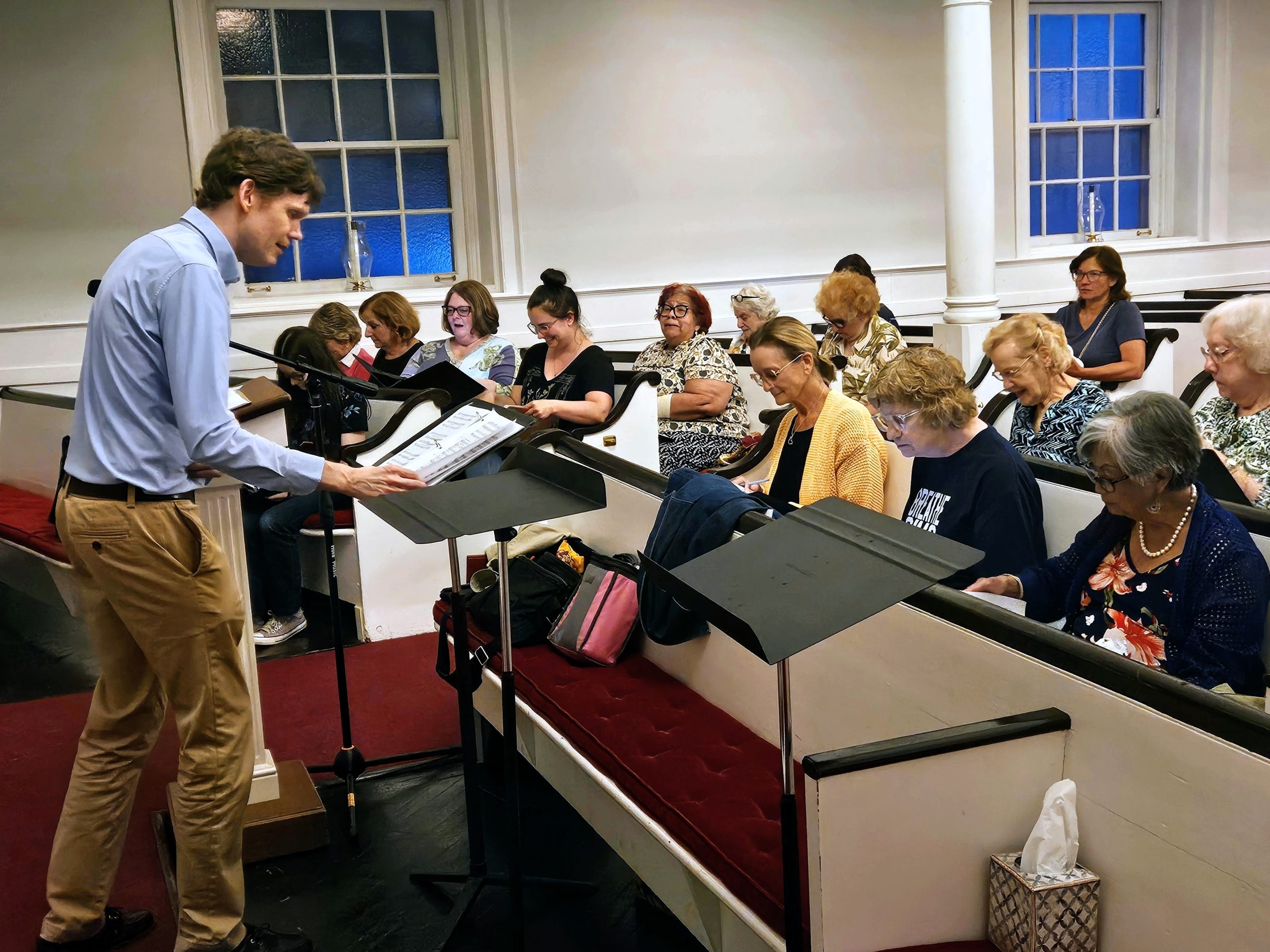 Guest conductor Michael Shane Wittenburg leads participants at the Big NJ Sing! on July 7, 2026, at First Presbyterian Church in Metuchen.