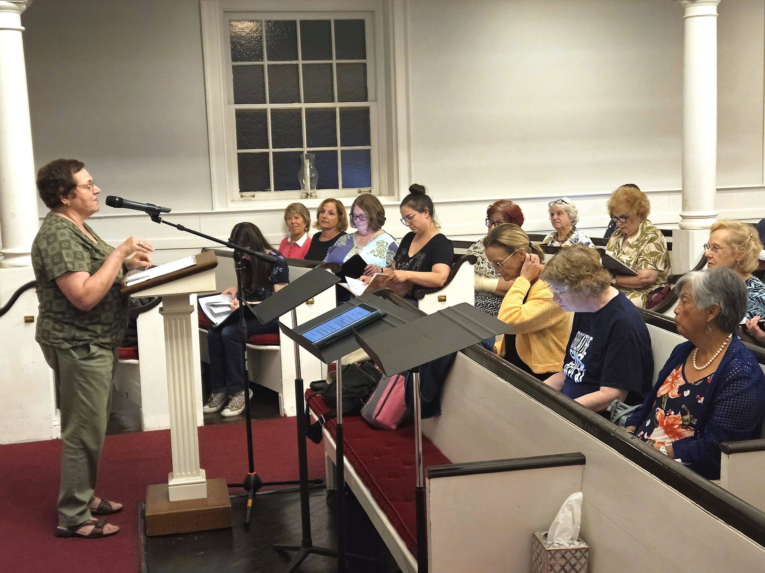 Guest conductor Marina Alexander leads participants at the Big NJ Sing! on July 7, 2026, at First Presbyterian Church in Metuchen.