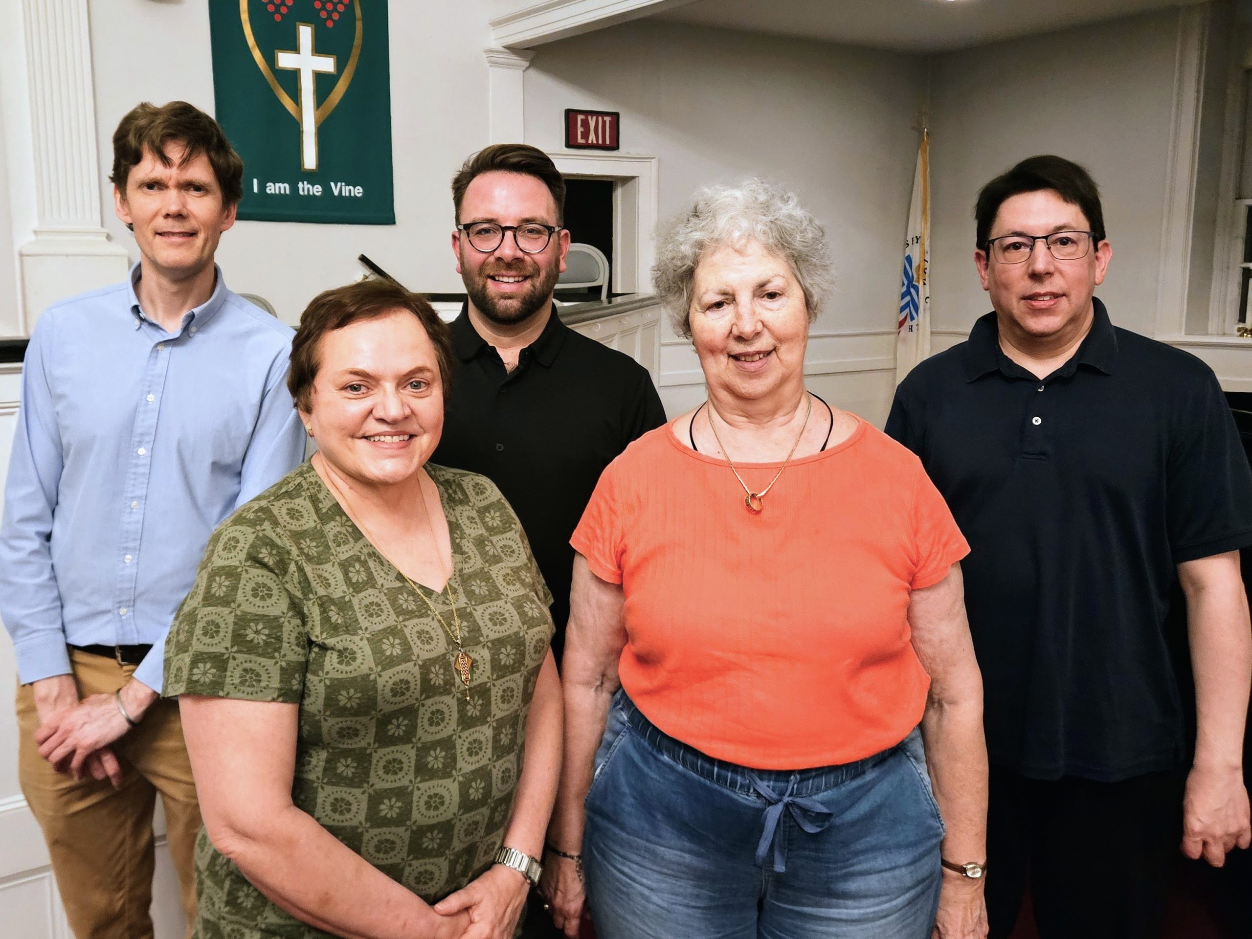 Artists and board members at the Big NJ Sing! on July 7, 2026, at First Presbyterian Church in Metuchen. Front, from left, Marina Alexander (guest conductor and NJ Choral Consortium vice president) and Sue Metz (NJCC president). Rear, from left, guest conductors Michael Shane Wittenburg and Matthew Zabiegala; Thomas Molessa, guest accompanist.
